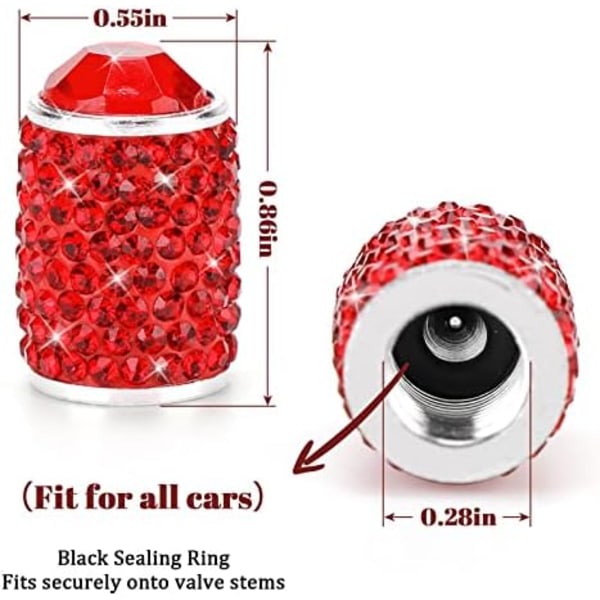 ToBeQueen Bling däckventilkåpor, 4-pack handgjorda däckkapslar i kristall i rhinestone Universal biltillbehör Dammtät ventilstamskydd för bil/ C-Red