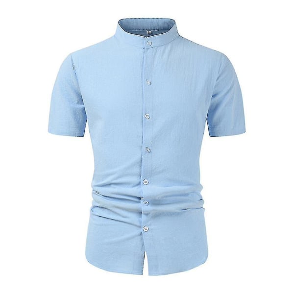 Ståkrage för män Button Down-skjortor Kortärmad bomull Linnelook Strand Casual Snygg sommarskjorta Toppar Light Blue L