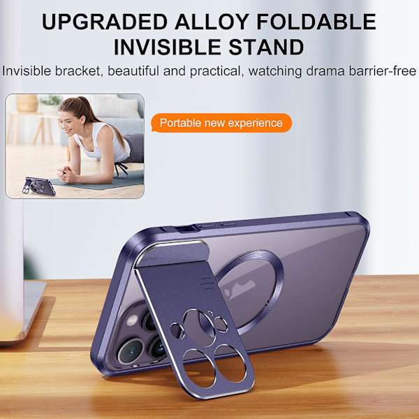 Metall Magsafe case kompatibelt med Iphone 15 Pro Max, linsskydd i legering Case med osynligt Kindstand Silver For iPhone 15 Pro Max