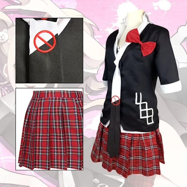 Anime Danganronpa Enoshima Junko Cosplay Kostym Uniform Cafe Arbetskläder Kort Kjol Dubbel Svans Fläta Peruk Halloween Kostym XXS costume