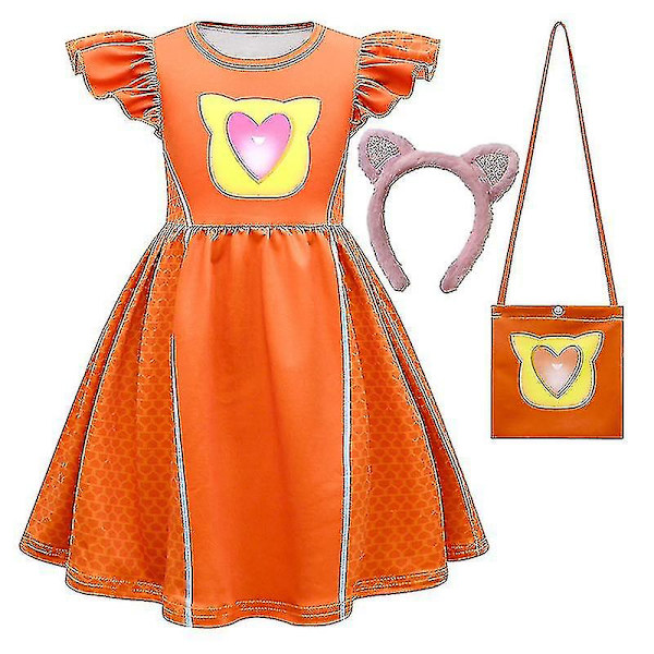 Barnklänningar Cosplay Super Kitties Klänningar För Superkittescostume Flickor Flygande Ärmar A-linje Klänning med Väska Och Huvudband rose 110cm