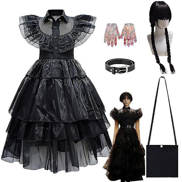 Barn Flickor Onsdag The Addams Family Costume Halloween Klänning Födelsedagsfest Only Wig 130cm