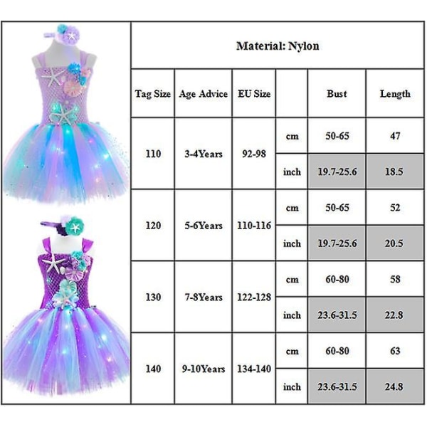 Kids Girls Led Light Up Mermaid Tyll Tutu Klänning Med Pannband Fest Prinsessdräkt 5-6 Years Light Purple