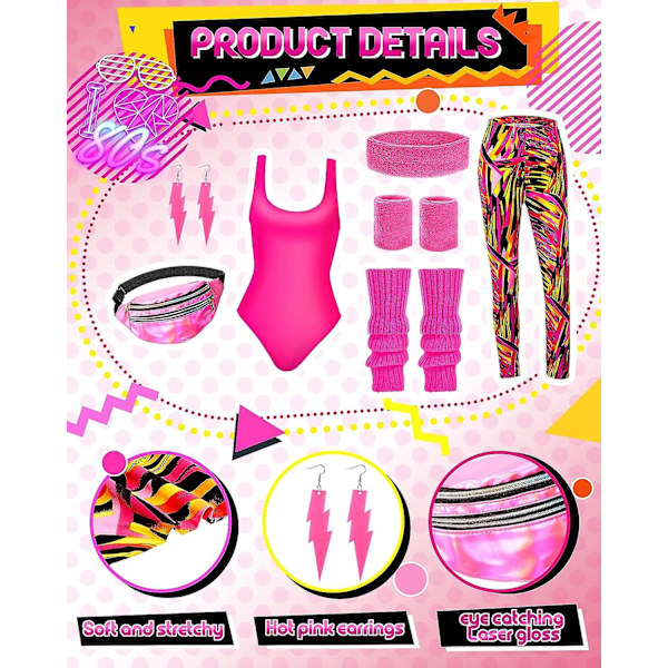 7 st 80-tals träningskostym 80- set 80-tals 90-tals Leotard Legging Pannband Armband Benvärmare Örhängen Fanny Pack Geometric Lines X-Large