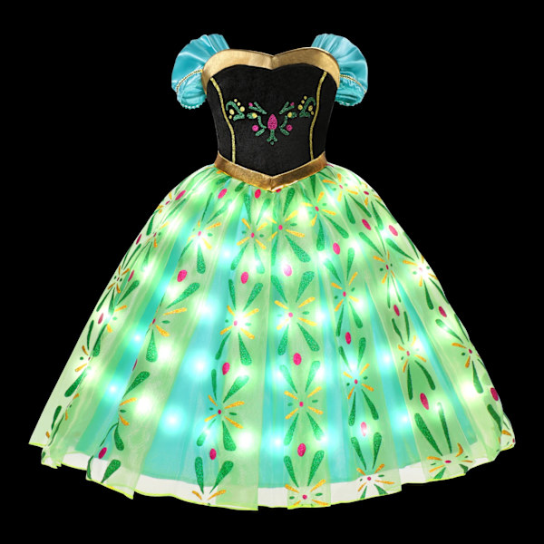 Elsa Anna LED-ljus Prinsessklänning Flickor Elf Rapunzel Barn Kalas Kläder Halloween Cosplay Frozen Askungen Kostym Anna Dress 7-8T (140)