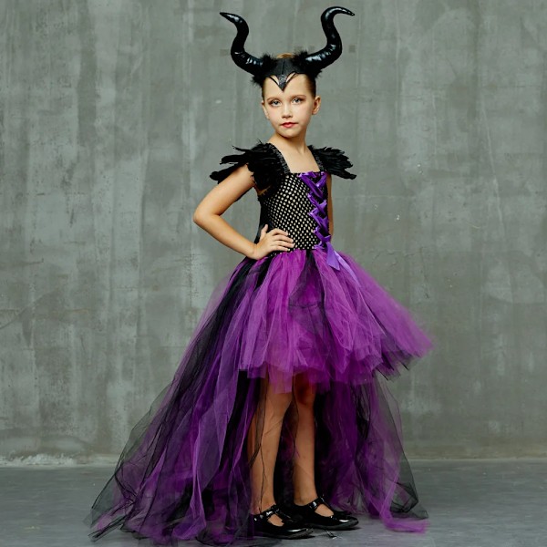 Maleficent Halloween Barnkostym Tulleklänning Flickor Cosplay Vestidos Fest Ond Drottning Mesh Prinsessklänning Barn Kråka Trollstav 2 pcs Set A L6-7T)