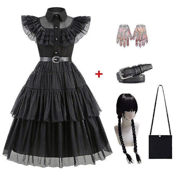 Barn Flickor Onsdag The Addams Family Costume Halloween Klänning Födelsedagsfest Dress Belt Bag Gloves Wig 130cm