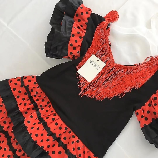 Tjejklänning Vacker spansk flamencodansarkostym Barns april Sevilla Föreställningar Dansoutfit L(8-10 Y) Red Black Frills