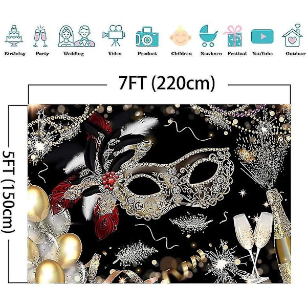 Yq 7x5ft Maskeradfest Fotobakgrunder Guld och svart Mask Fjäder Champagne Fotografi Bakgrund Lyx Födelsedag Mardi Gras Foto Stud null none