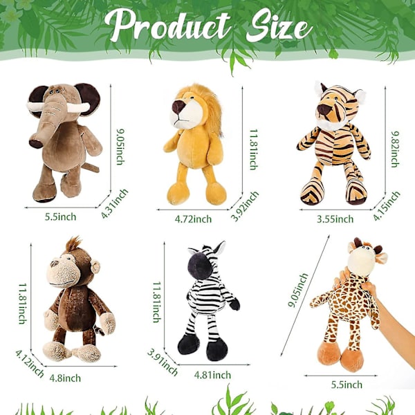 6 delar Safari gosedjur Plysch djungel djurleksaker set för pojkar Flickor, söt lejon elefant Zebra giraff tiger apa för djurtema