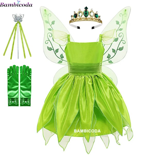 Flickor Tinker Bell Kostym Halloween Kostym för Barn Grön Maskeradklänning Fairy Princess Cosplay Klänningar Pixie Fairy Klänning med Vinge 7-8T(140) 08