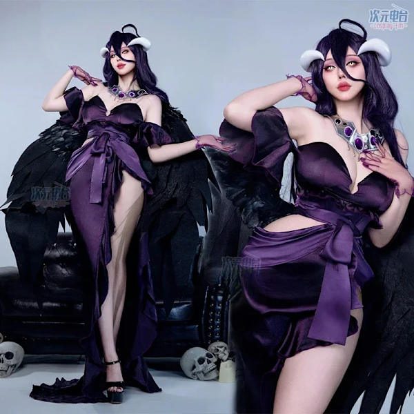 Anime Overlord Säsong 4 Albedo Cosplay Kostym Albedo Kvällsklänning Svart Sexig Klänning Peruk Halloween Uniform Juldräkt One Size Full Set