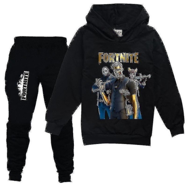 Fortnite Kids Pojkar Casual Hoodie+byxor Kostym träningsoverall Black 140