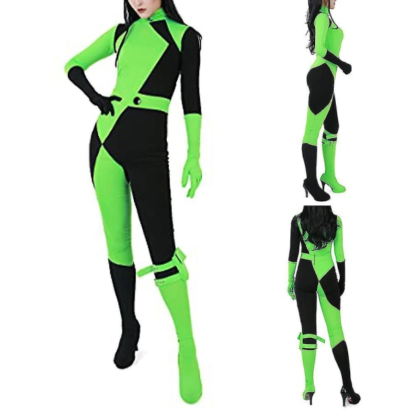 Dam Kim Possible Miss Go Bodysuit Jumpsuit Shego Cosplay kostym Halloweenfest Karnevalsfest Fancy Dress Up 170