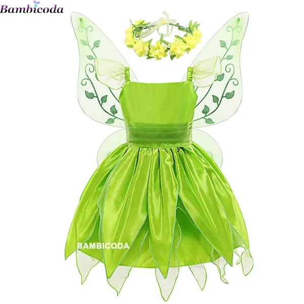 Flickornas Tinker Bell-dräkt Halloween-dräkt för barn Grön Maskeraddräkt Fe Prinsessa Cosplay Klänningar Pixie Fairy Klänning med Vinge 6T(130) 03