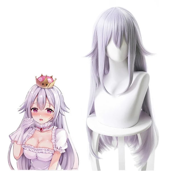 Booette King Boo Cosplay Kostym Prinsessa Koopa Vit Klänning med Handskar Lolita Halloween Karneval Klänning Lång Silver Rak Wi S Wig