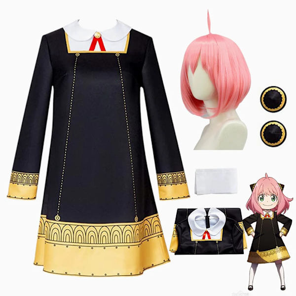 Anime SPY X FAMILY Anya Forger Svart Klänning Uniform Cosplay Vuxna Barn Kostym 110 A1 Costume Wig