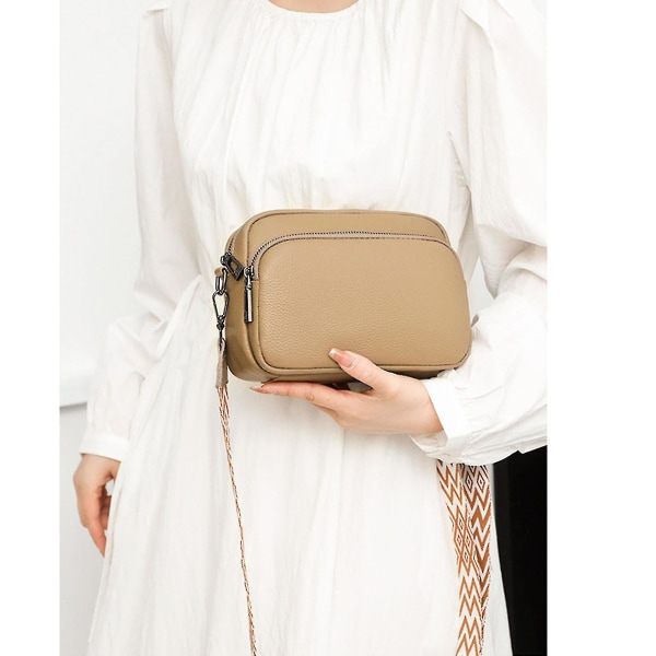 Crossbody-väska, liten axelväska i läder, dam med bred dragkedja och avtagbar axelrem white