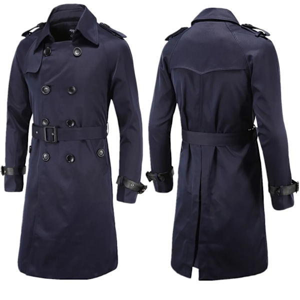 Herr Vår Höst Vindjacka Lång Trenchcoat Med Bälte Herr Ärtrocka Dubbelknäppt Ärtrock W03 Asian 4XL (US Lplus) Navy Blue