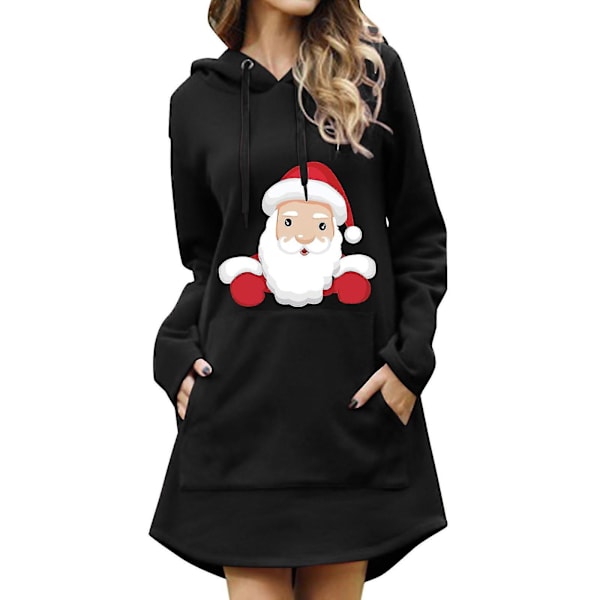 Printed Hooded Long Sleeve Women's Sweatshirt Dress Damhoodie Black 2XL