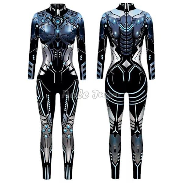 Robot Punk Jumpsuit Sexig Dam Cosplay Kostymer Fancy Halloween Fest Färgglad Utskrift Skelett Bodysuit För Män XL 10