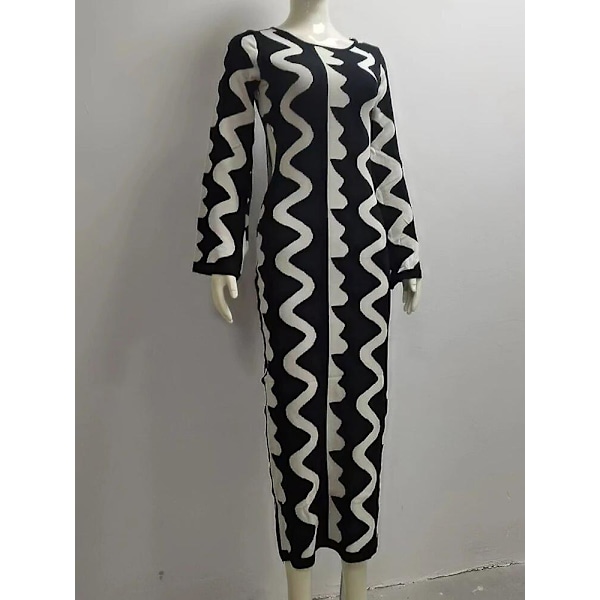 Sommar Kvinna Randig Stickad Maxi Kläder Elegant O-ring Flare Långärmad Bodycon Kläder Dam Mode Streetwear Party Kläder Black 01 M