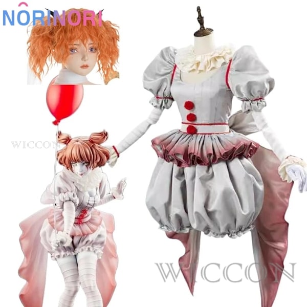 Film Clown Pennywise Cosplay Kostym Genderswap Halloween Skräck Lolita Klänning Upp Kvinnor Fantasy Klänning Karneval Fest Komplett Set 43 CostumeB and wig