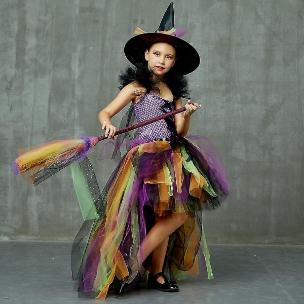 2-12 år Barn Flickor Häxa Cosplay Kostym/kvast Halloween Klänning + Hatt Set Tmall 10-12 Years Broom