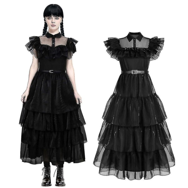 Onsdag Addams Dam Barn Flickor Kostym Tyll Bälte Gotisk Svart Klänning Halloween Cosplay Fest Kostym Peruker 3XL (Adult) Dress and Wig