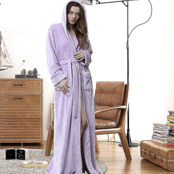 Kvinnor Män Vinter Plus Size Flanellrock Extra lång Huva Varm Morgonrock Lovers Tjock Kimono Badrock Man Morgonrock Robes women hooded purple L