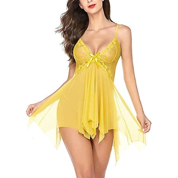 Damunderkläder Set Mjuk Babydoll Spetskopp Sling Nattkläder Mesh Chemise Sovkläder Klänning Yellow XL