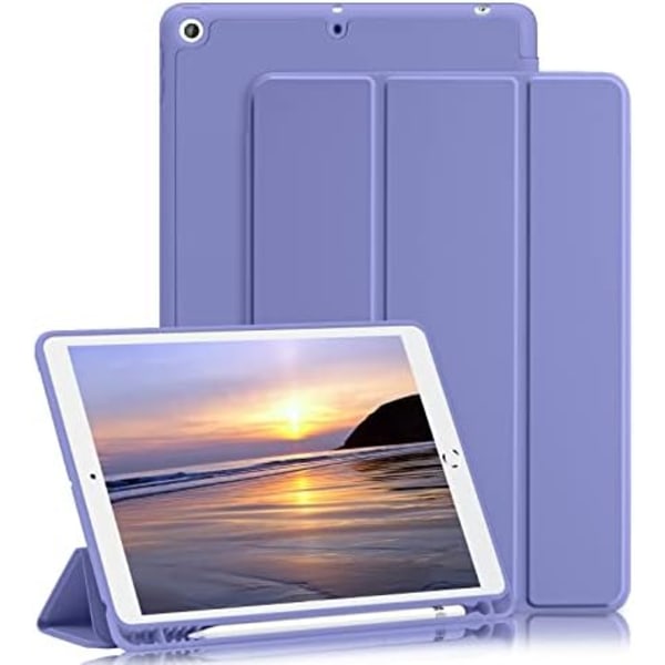 GHINL iPad 9:e/8:e/7:e generationens case (2021/2020/2019) iPad 10,2- case med pennhållare [Sömn/vakna] Smal mjuk TPU baksida Smart Magneti English Lavender