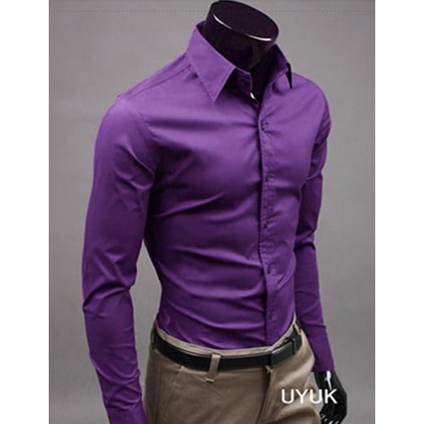Män Långärmad Business Skjorta Vanlig Formell Casual Klänning Toppar Purple XL