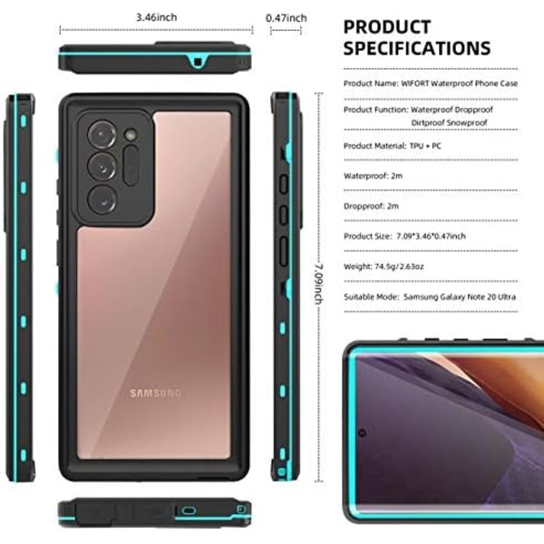 WIFORT Samsung Galaxy Note 20 Ultra Vattentätt case Inbyggt cover Vattentåligt hölje Skyddande fallskydd Hårt, Shockpr Note 20 Ultra Teal