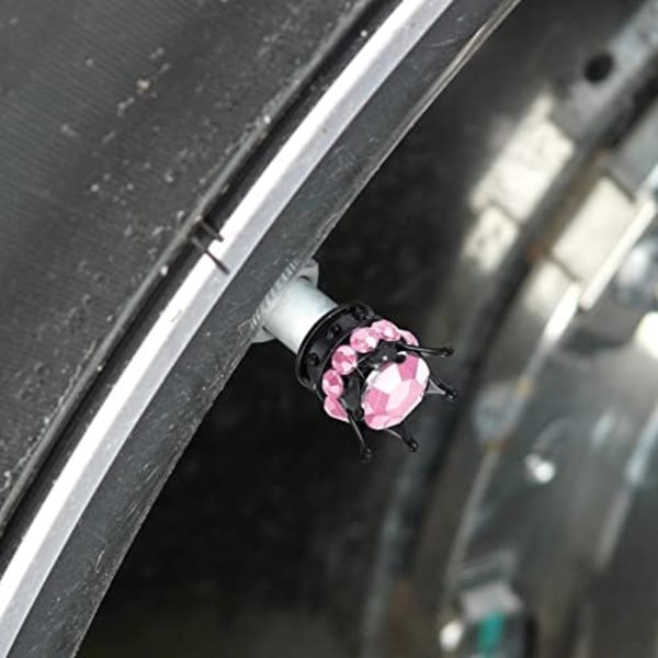 4 delar Crown Tire Ventil Stamkapsyler Bling Handgjorda Crystal Rhinestone Universal Chrome Crown Fordonsdäckslock för fordon, attraktiv åtkomst Pink and Black