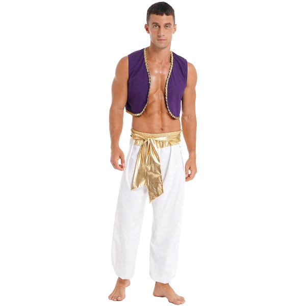 Herr Halloween kostym Mytisk Prince Aladin Carnival Carnival Cosplay Party Outfit Paljettkant väst med byxor med bälte Hög kvalitet Gold A L