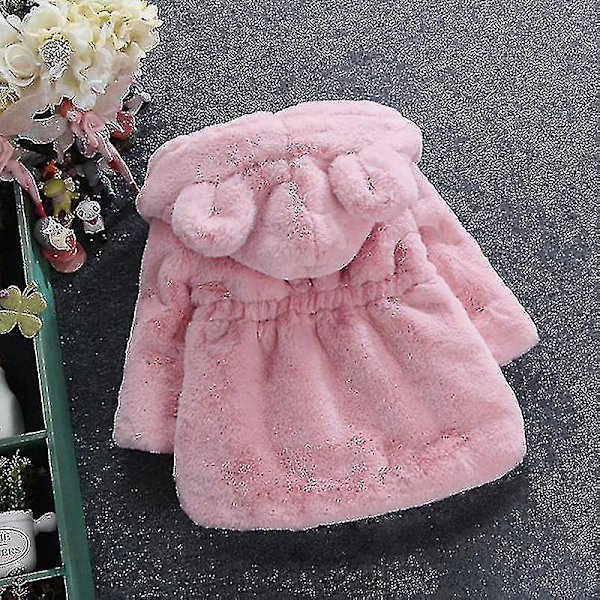 Barn Flickor Fluffig fuskpäls Hooded Parka Coat Fleece Tjock Jacka Vinter Ytterkläder Pink 2-3 Years