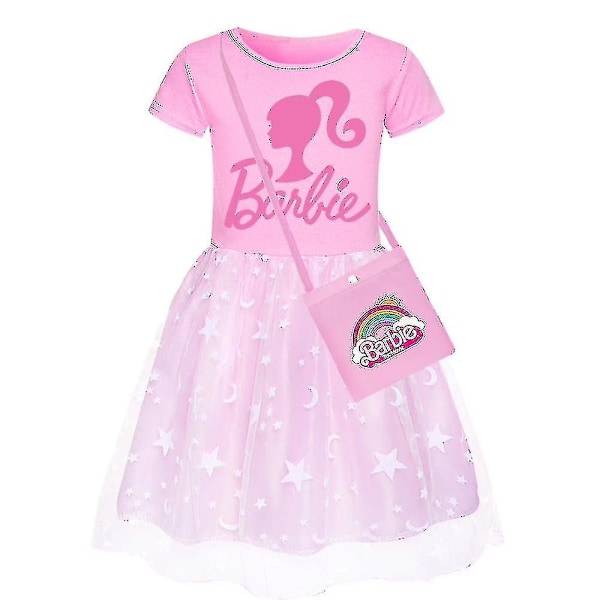 Barbie-rosa Flickklänning Barn Barbie Dress Star Rainbow Lace Kjol och Crossbody Väska Set B 110