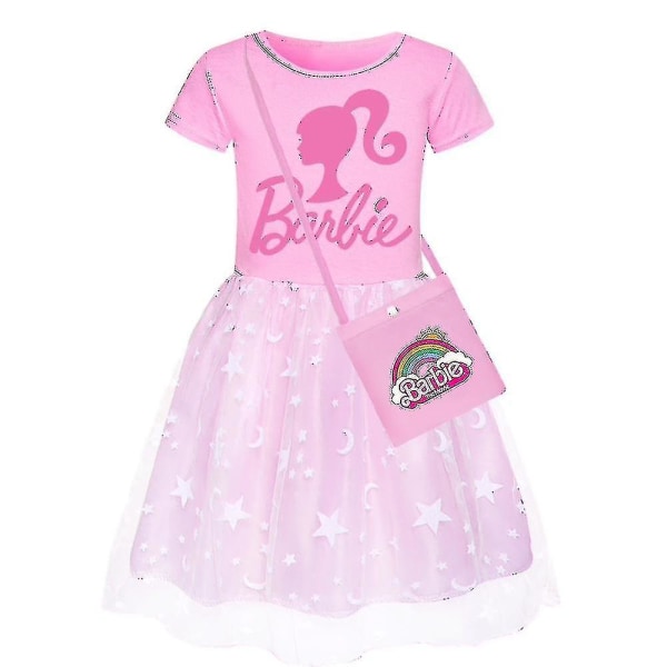 Barbie-rosa Flickklänning Barn Barbie Dress Star Rainbow Lace Kjol och Crossbody Väska Set D 110