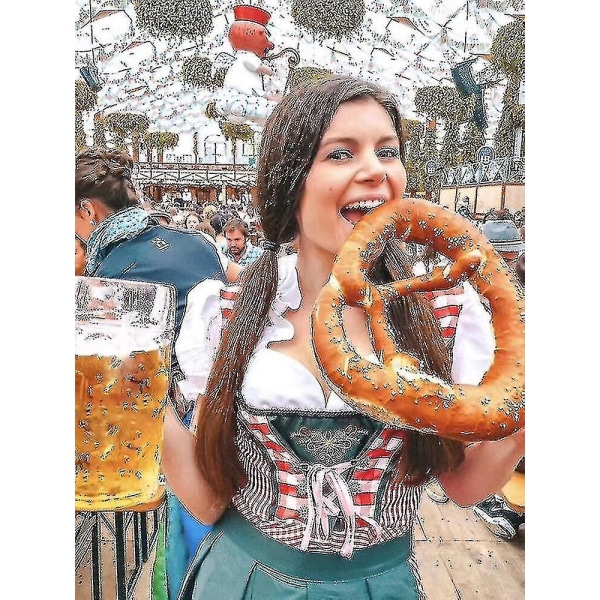 Nya damer Dirndl bayerska kvinnors traditionella klänning ölflicka klänning blus förkläde Mörkgrön XL