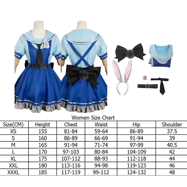 Judy Cosplay Kaninhatt Fantasy Kostym Zoo Rollspel Vuxna Kvinnor Polisuniform Klänning Hårband Outfits Halloween Karneval Dräkt XXXL Costume B