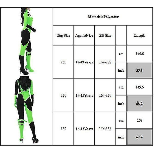 Halloweengirls Kim Possible Shego Cosplay Kostym Bodysuit Jumpsuit Carnival Party 12-13 Years