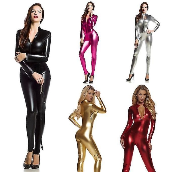 Mäns metall Catsuit Body Shiny Onepiece Jumpsuit röd Vuxen L