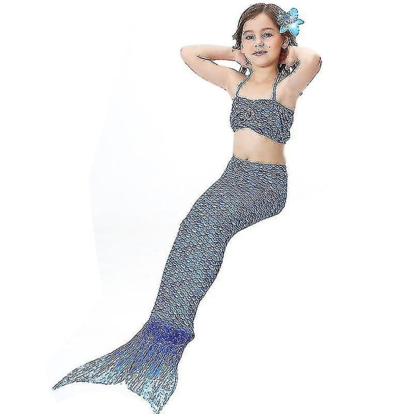 Barn Flickor Mermaid Tail Bikini Set Badkläder Baddräkt Simdräkt Dark Blue 9-10 Years