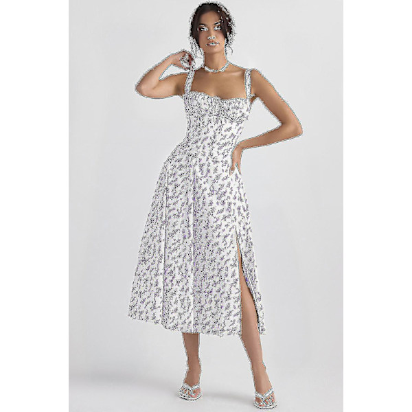 Kvinnor Blommig Boho Midi Bustier Kläder Dam Carmen Print Solklänning Sommar Beach Swing Kläder Lila Blomma Grön Blomma Asia 2XL EU XL
