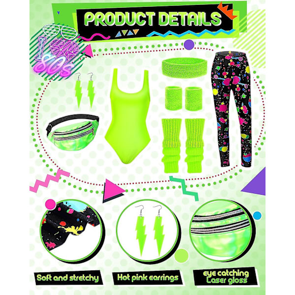 7 st 80-tals träningskostym 80- set 80-tals 90-tals Leotard Legging Pannband Armband Benvärmare Örhängen Fanny Pack Bright Neon Large