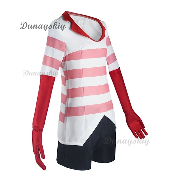 Angel Dust Cosplay Fantasy Anime Cartoon Förklädnad Kostym Handskar Fluga Rosa Klänning Outfit Kvinnor Halloween Rollspel Kläder XXXL C1W1P1P2