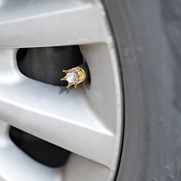 4 delar Crown Tire Ventil Stamkapsyler Bling Handgjorda Crystal Rhinestone Universal Chrome Crown Fordonsdäckslock för fordon, attraktiv åtkomst Gold and White