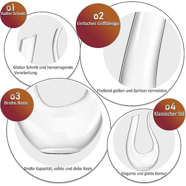 Vinkaraff, 1,5 liter U-form kristallglas vinflaska set, blyfri rödvinsglaskaraff, kolsyrad vinflaska med karaffglas, Dekanter null none