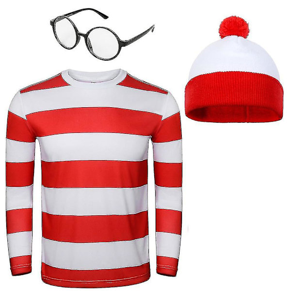 Wally Cosplay Kostym För Vuxna Waldo Röd Vit Randig T-shirt Glasögon Hatt Kostym Set Jul Cosplay Outfit Julklappar Whole Set One Size